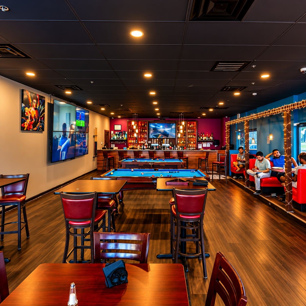 The lounge with pool table and screens