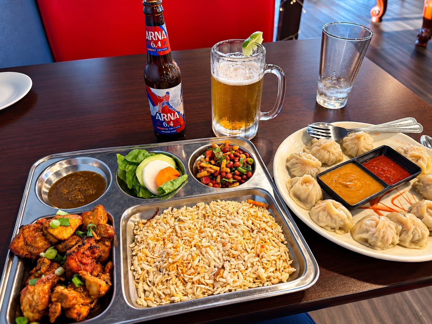Momo, a khaja set and a cold beer